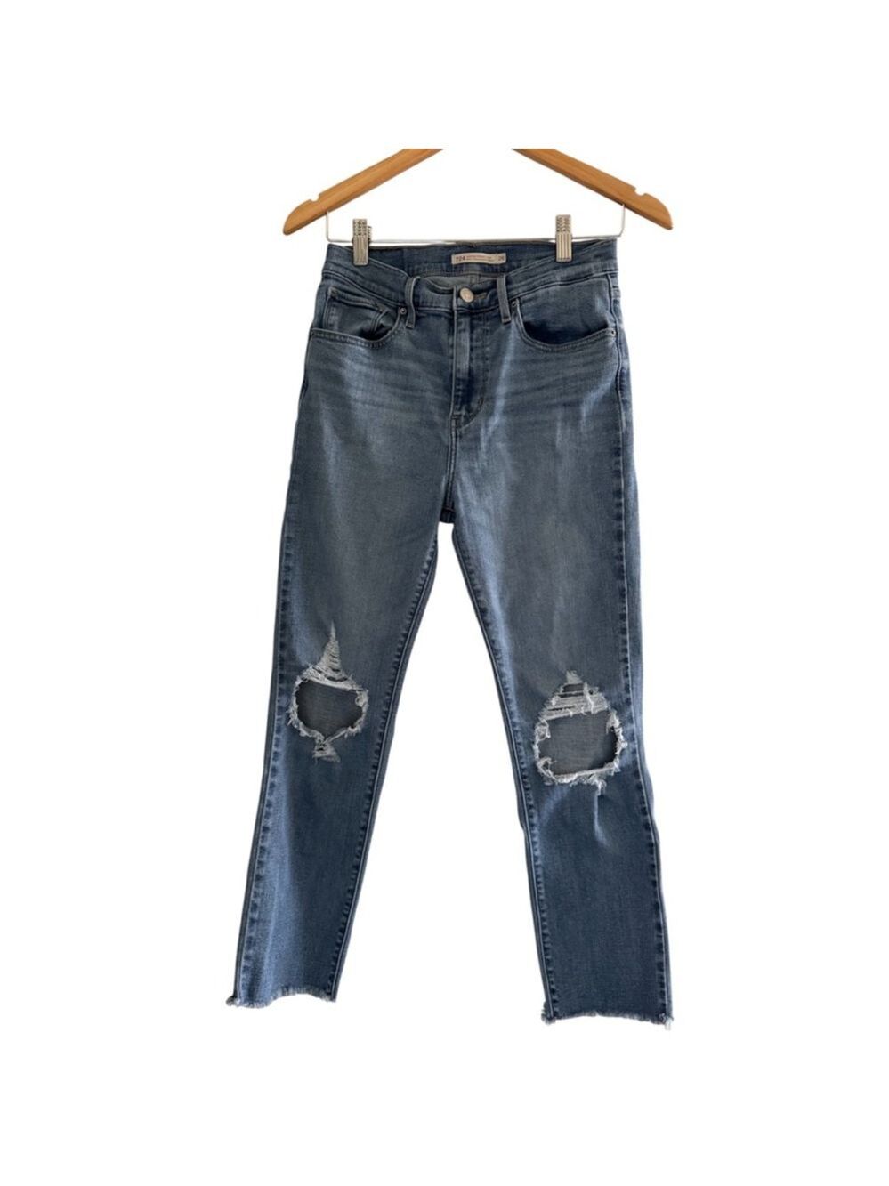 Levi’s 724 High Rise Straight Crop Distressed Raw Hem Jeans Size 28